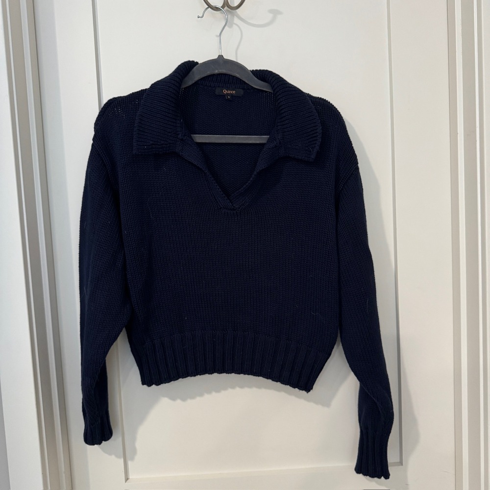 Quince Navy Blue 100% Organic Cotton Cropped Polo Sweater SGK001 Size Small